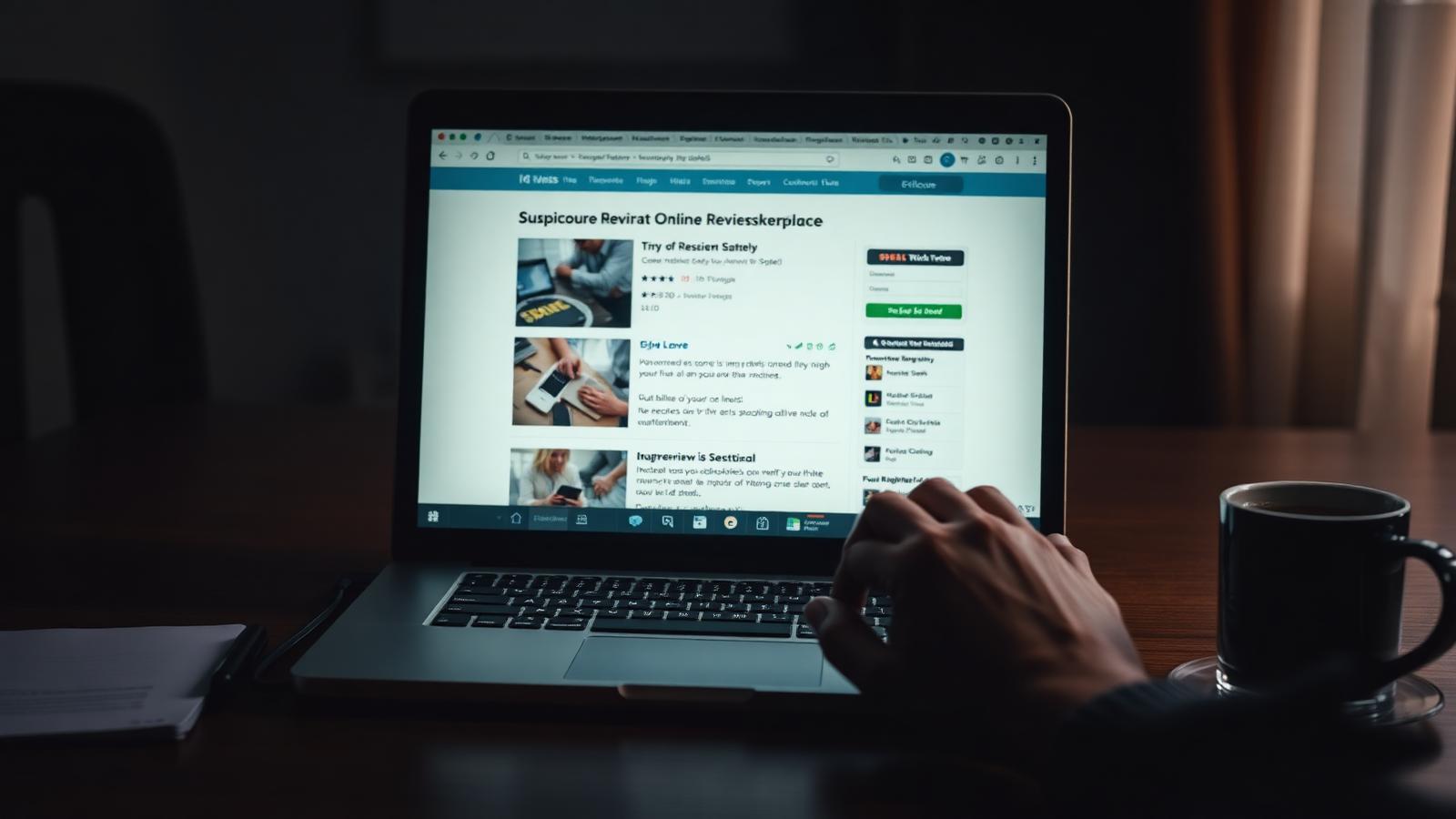 Laptop on a wooden desk showing a suspicious online review marketplace listing at night, a hand hovering over the keyboard