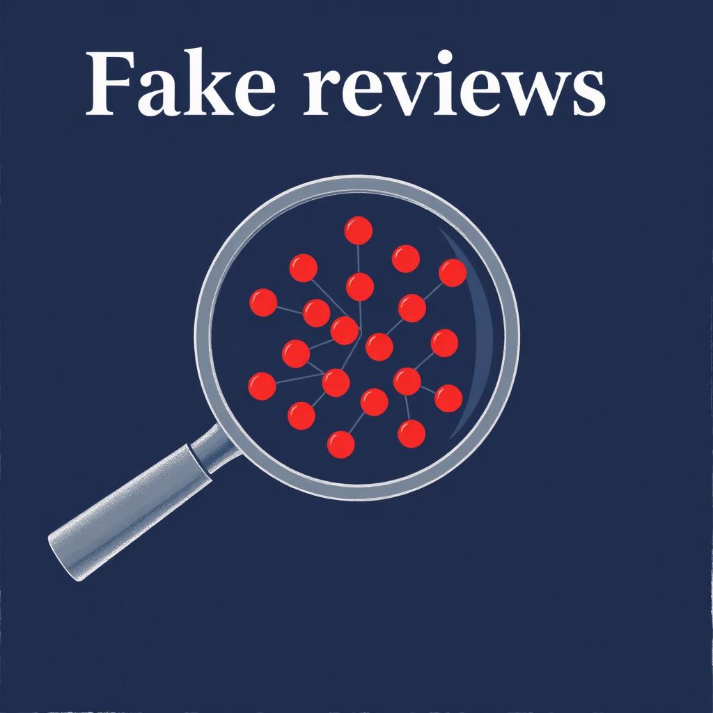 Editorial illustration of a magnifying glass revealing a cluster of connected red dots representing coordinated fake reviews