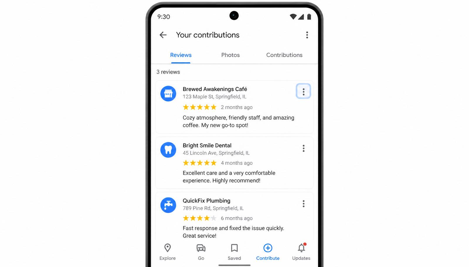 Google Maps mobile screen showing the Your contributions Reviews tab with three past reviews and the three-dot menu on the first review highlighted