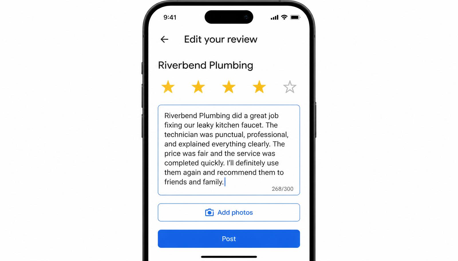 Google review edit form on a phone showing a business name Riverbend Plumbing, four of five stars selected, a written review text and a blue Post button