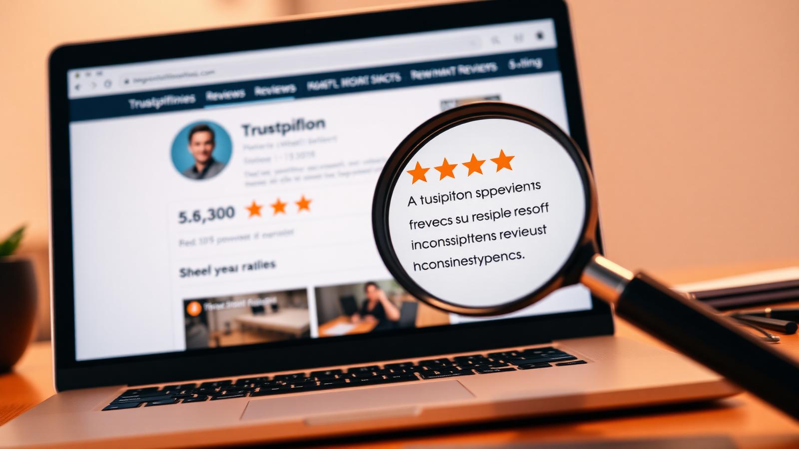 Laptop screen showing a Trustpilot-style review profile with a magnifying glass hovering over a suspicious review