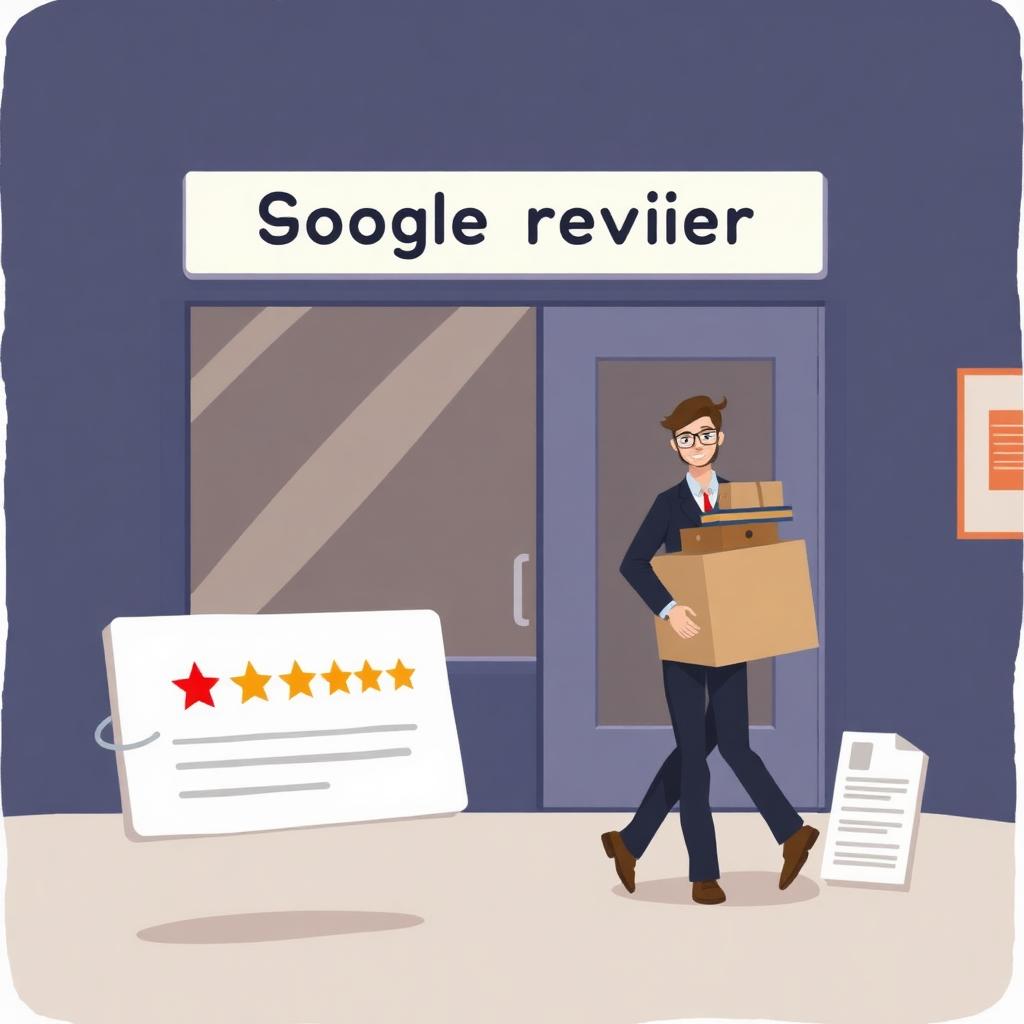 Editorial illustration of a departing employee walking away from a business with a 1-star review card floating beside them