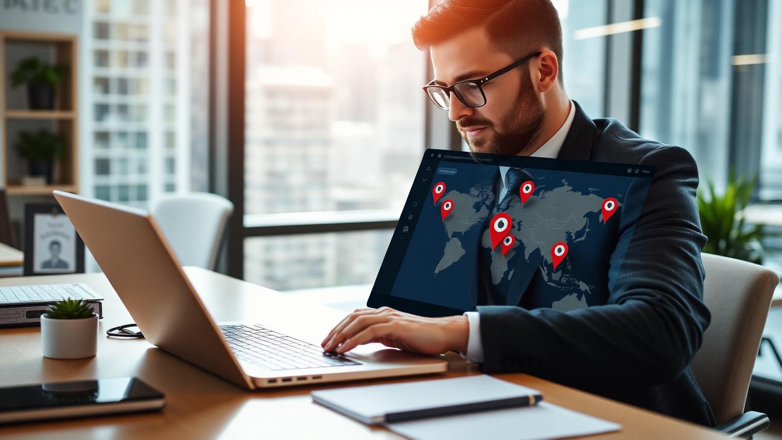 Business owner managing multiple business locations on a laptop dashboard with map pins across a city