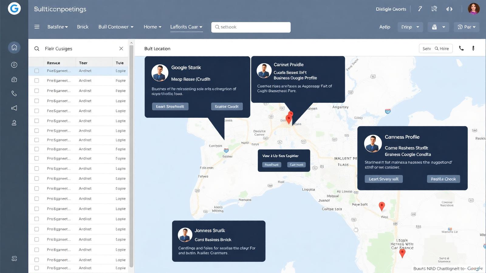 Bulk location management dashboard with a spreadsheet of business locations and Google Business Profile pins on a map