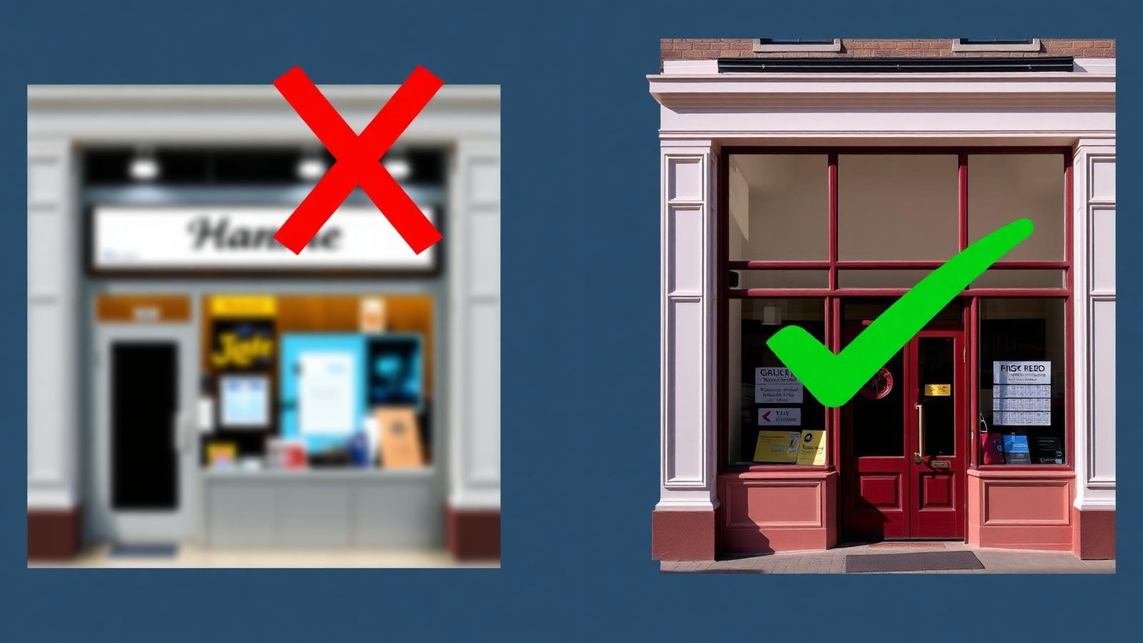 Comparison showing a blurry storefront photo with a red X on the left, and a bright well-composed storefront photo with a green check on the right