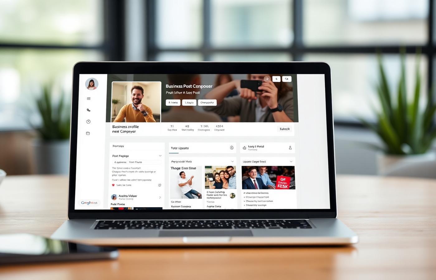 Business profile post composer showing update, offer, event, and product post options on a laptop