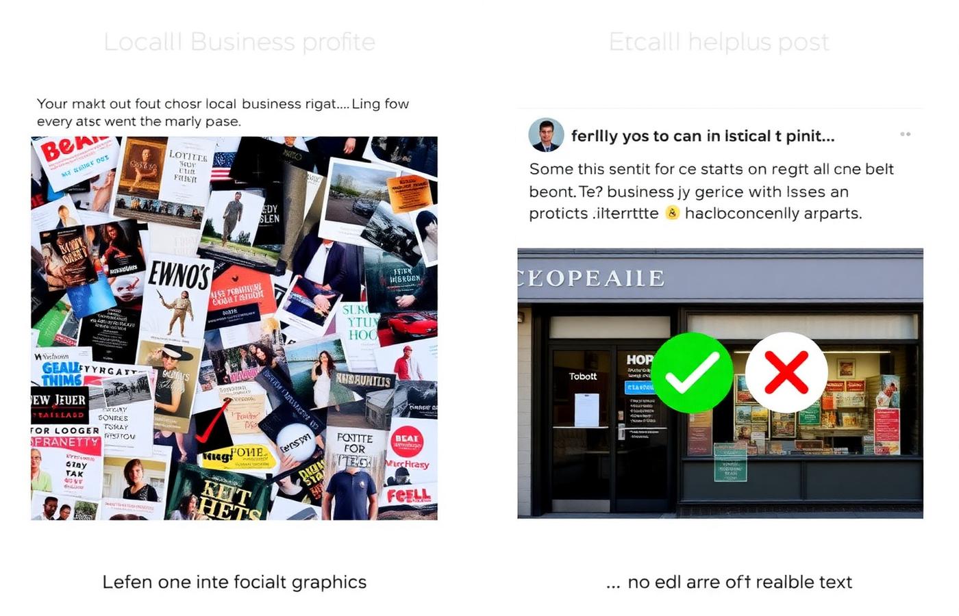 Comparison of a cluttered promotional business post and a clear helpful storefront update