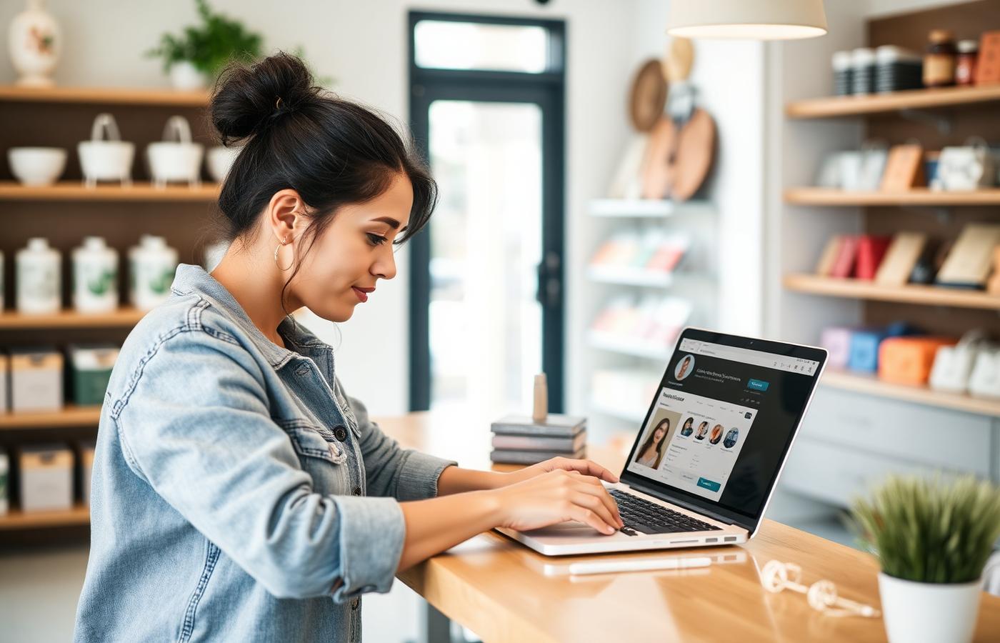 Retail business owner updating product listings from a laptop inside a local shop