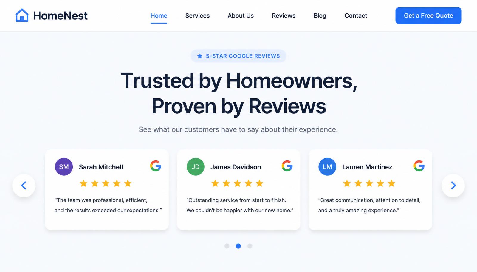 Website hero section showing a horizontal Google reviews widget carousel with three review cards, each with an avatar, name, five gold stars and a two-line quote