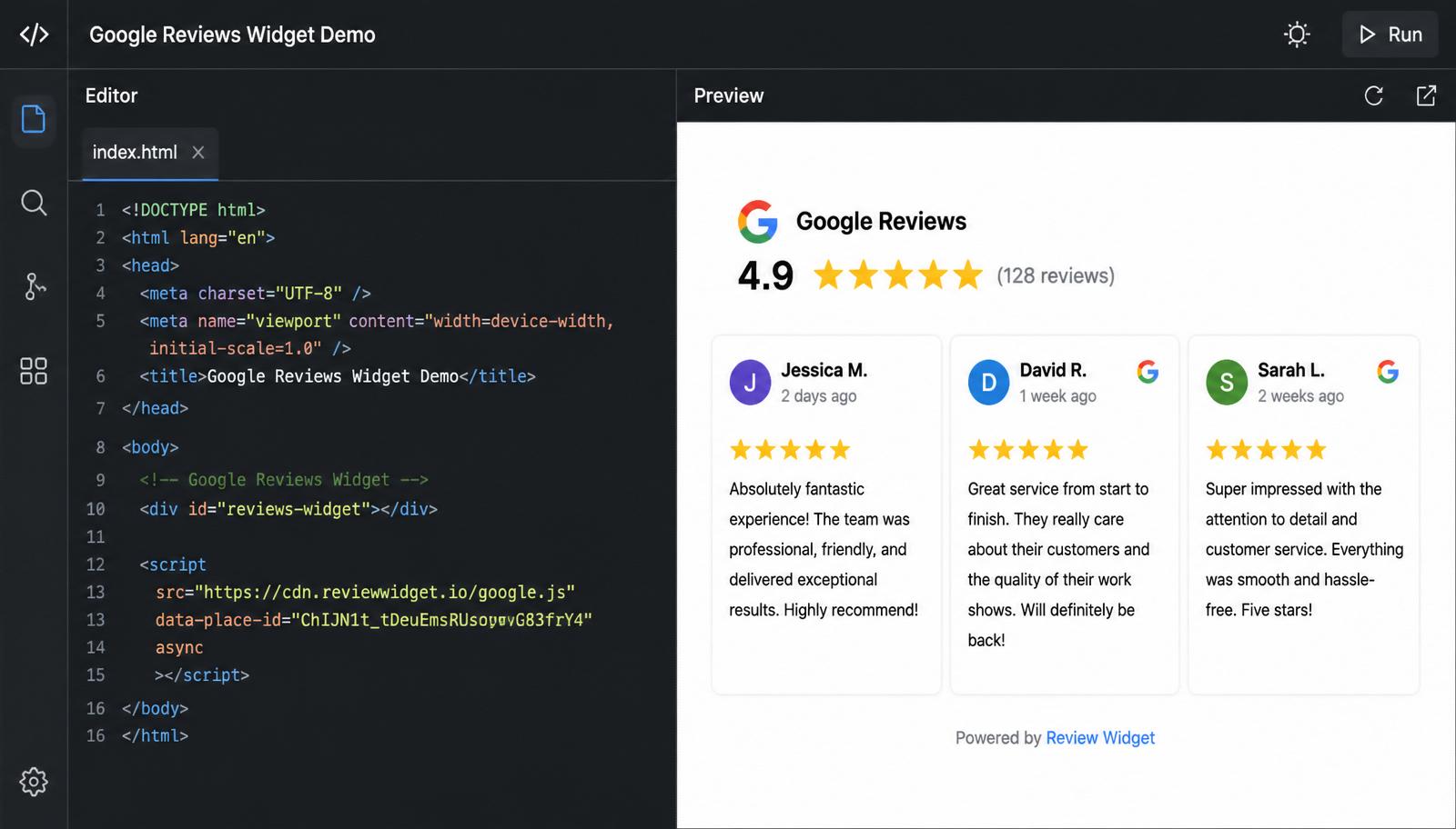 Split screen with a code editor on the left showing an HTML script tag and a reviews-widget div, and a live preview on the right showing three Google review cards rendered on a page