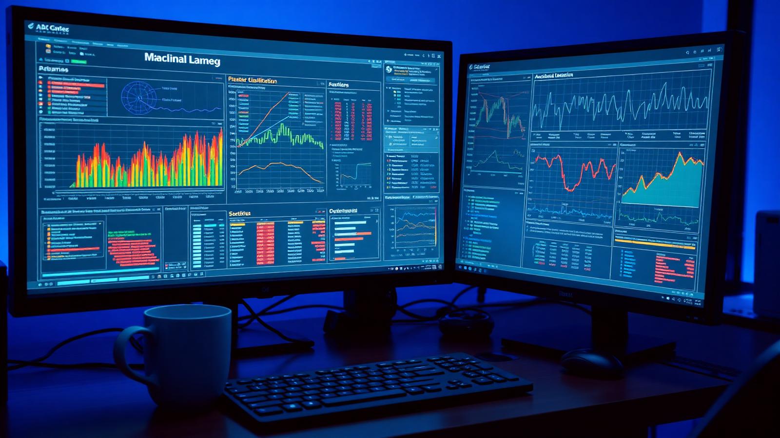 Dual-monitor data science workstation displaying machine learning classification charts and anomaly detection graphs under blue ambient light