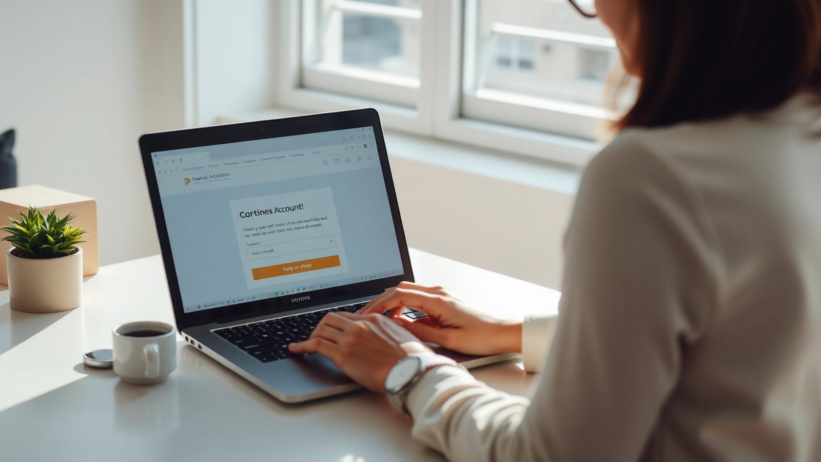 Business owner verifying a business account on a laptop at a bright desk, dashboard visible on screen