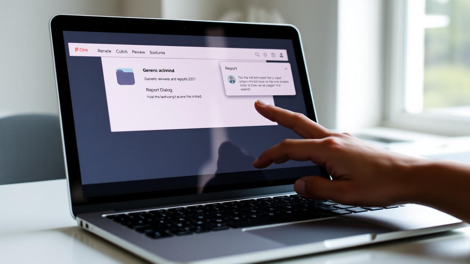 Laptop screen showing a generic online review with a flag icon highlighted and a report dialog open, hand hovering the trackpad