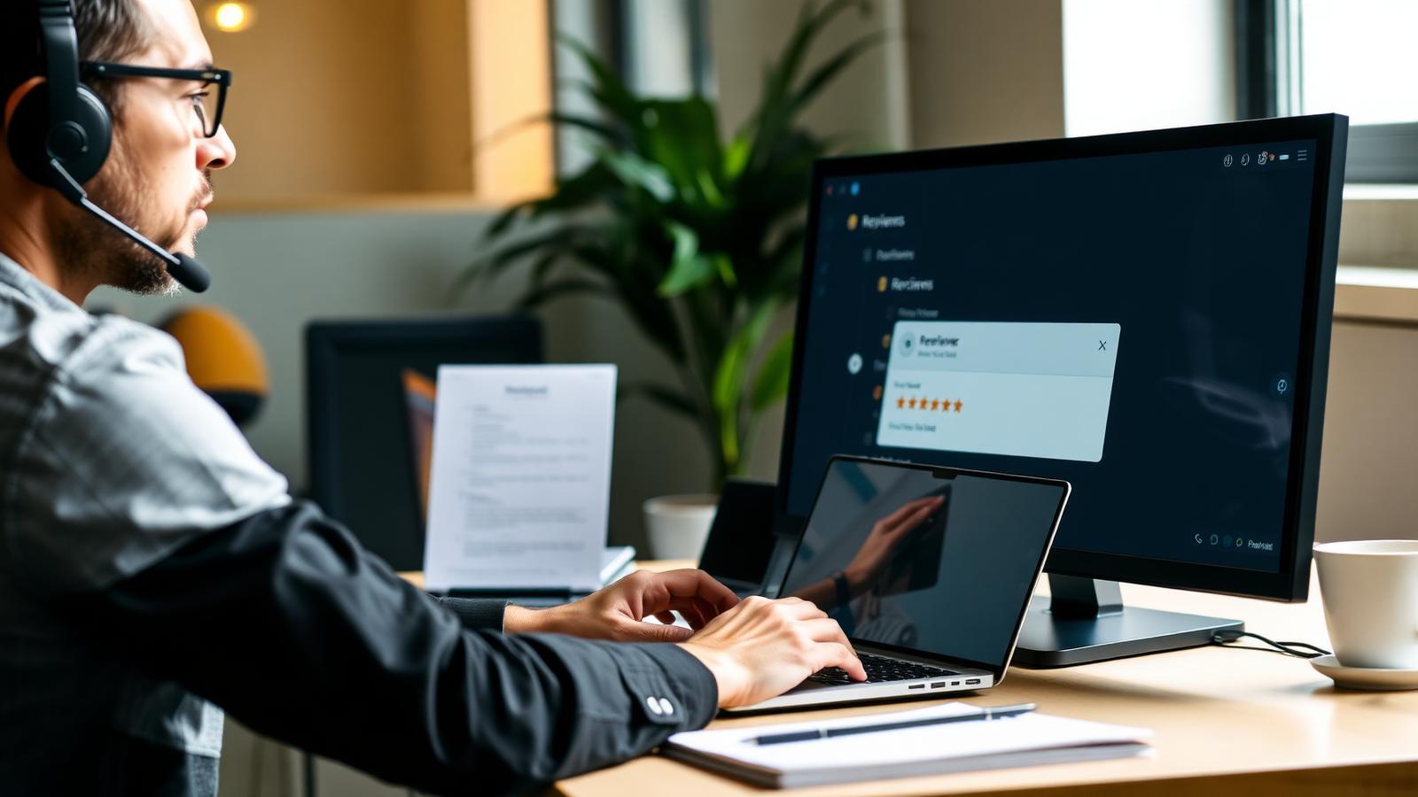 Customer support manager wearing a headset writing a thoughtful public reply to a one-star Trustpilot review on a laptop, second monitor showing the review inbox