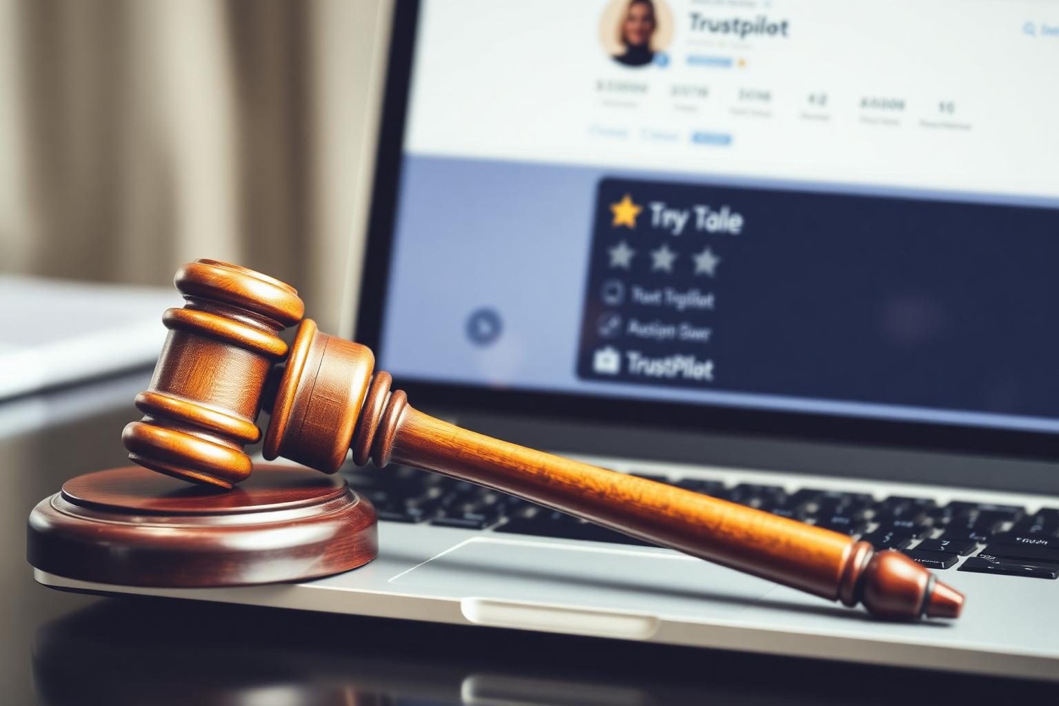 Gavel beside a laptop showing a Trustpilot profile page
