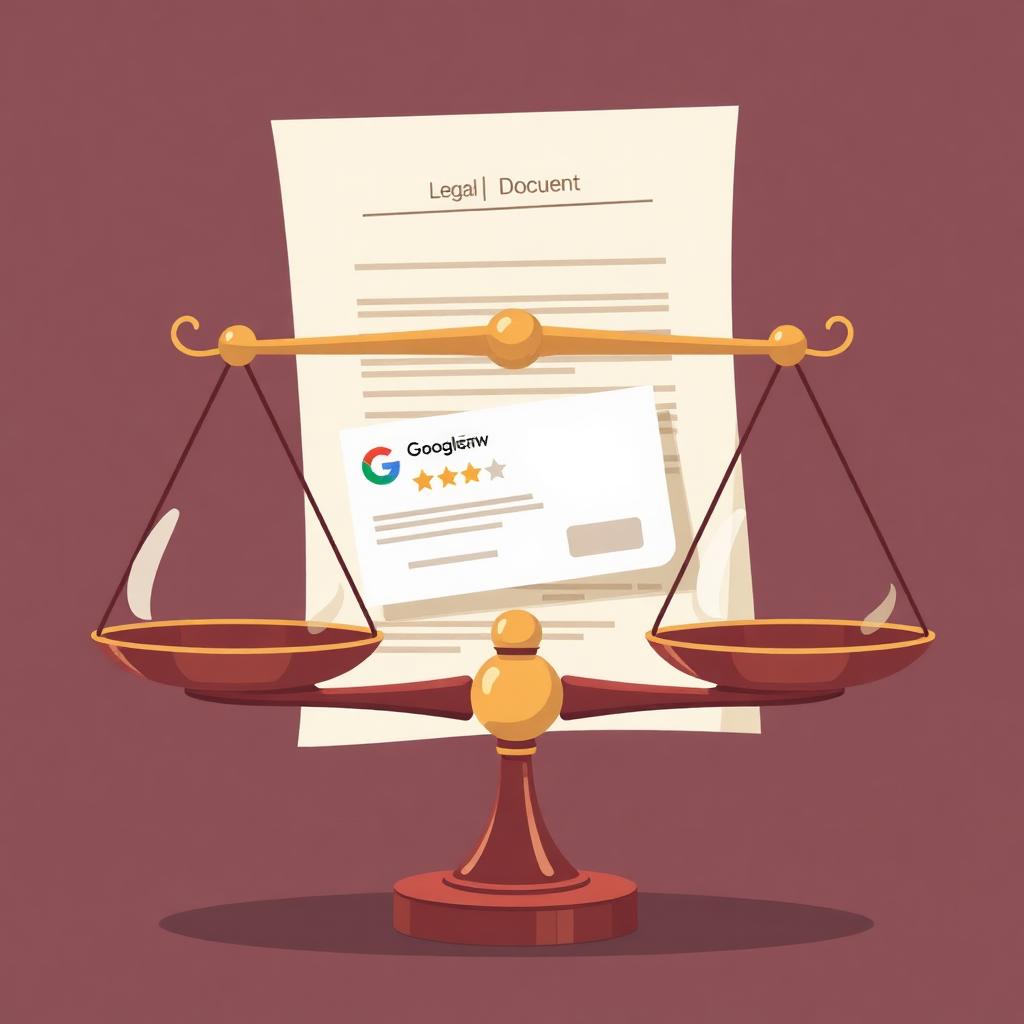 Editorial illustration of a lawyer's scales balancing a Google review card against a legal document