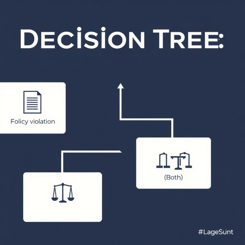 Decision tree showing three branches: policy violation to Business Redressal Form, factual defamation to Legal Removal Request, and both to parallel submissions