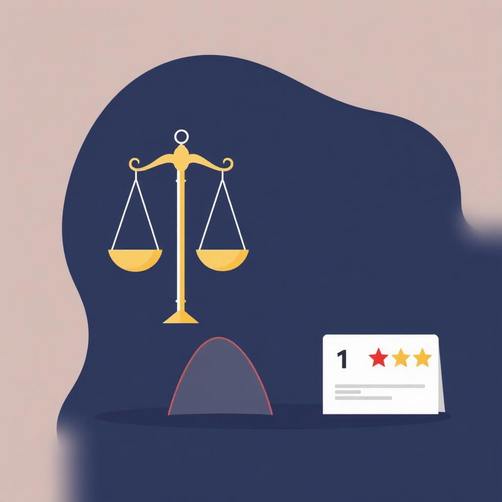 Editorial illustration of scales of justice balanced against a 1-star Google-style review card