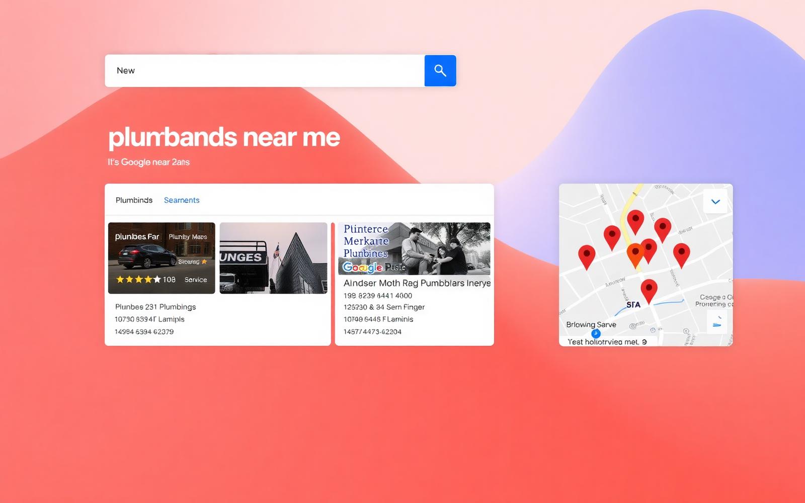 Desktop Google Maps search result for plumbers near me showing a local 3-pack of business listings with star ratings and a map with red pins