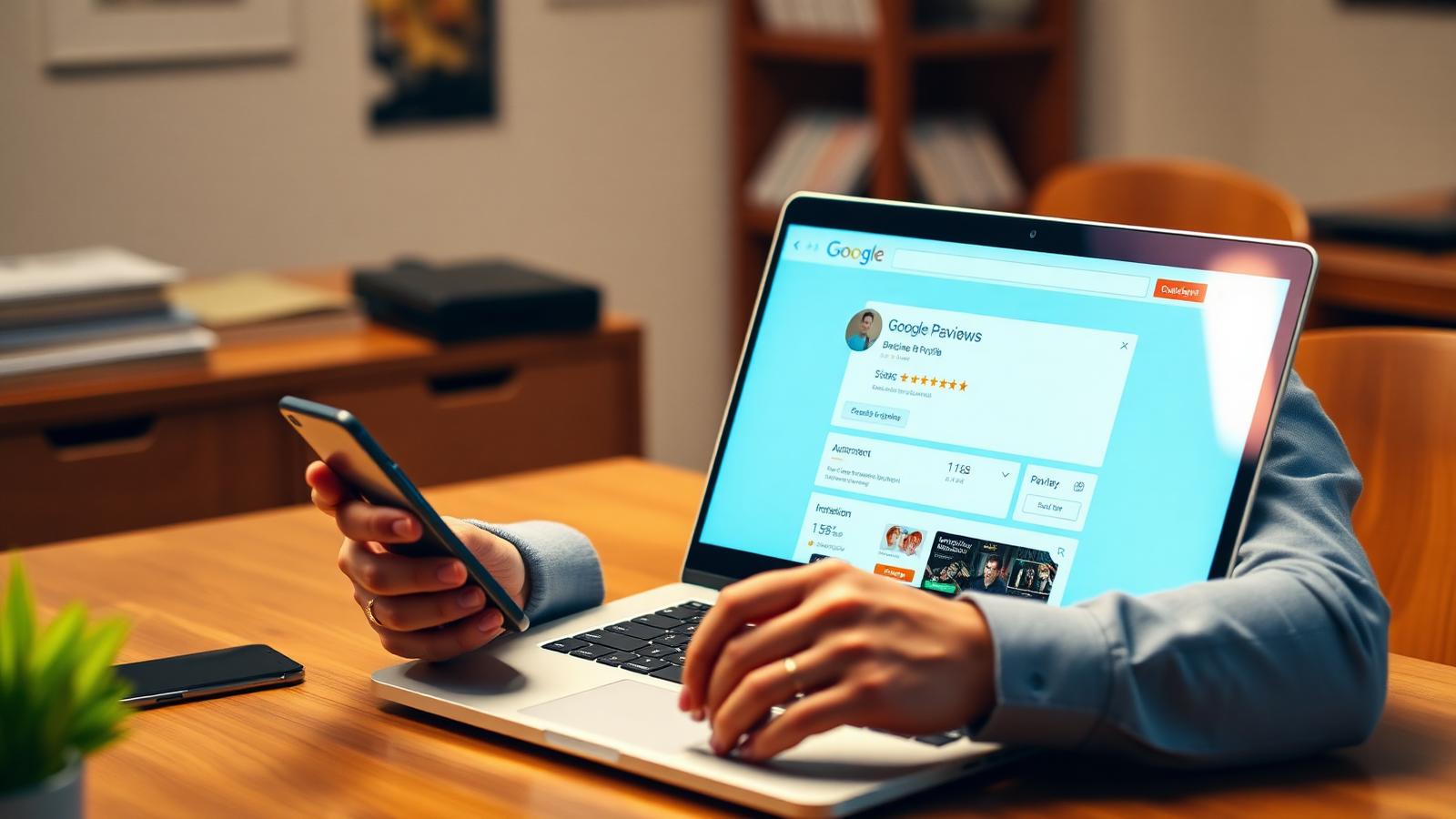 Small business owner reviewing a 1-star Google review on a laptop while comparing evidence on a phone