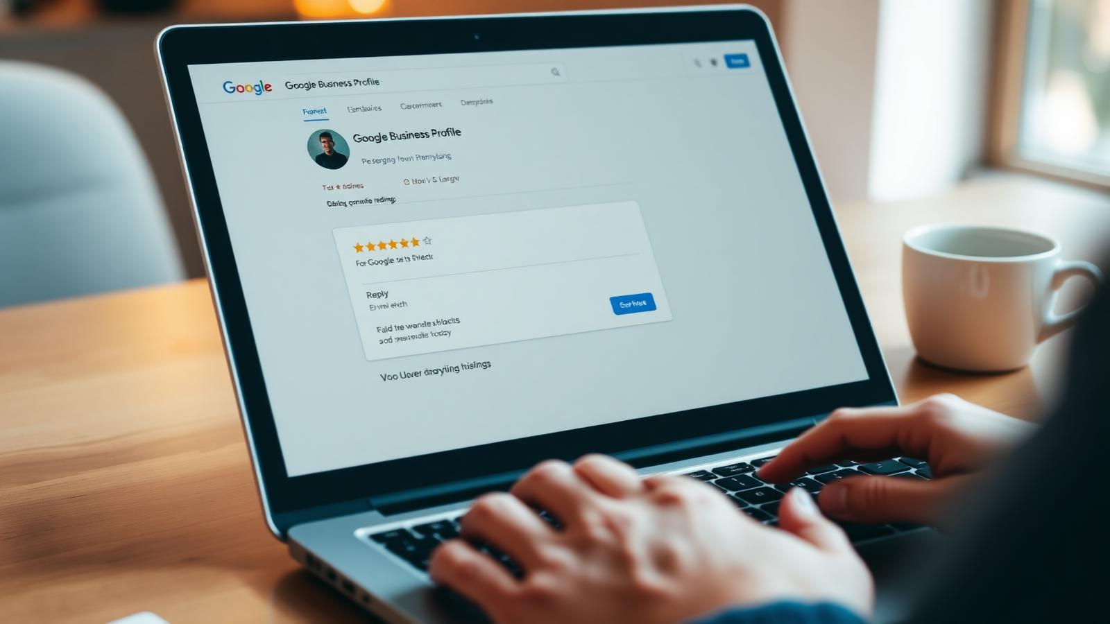 Business owner replying to a positive 5-star Google review on a laptop showing the Google Business Profile dashboard