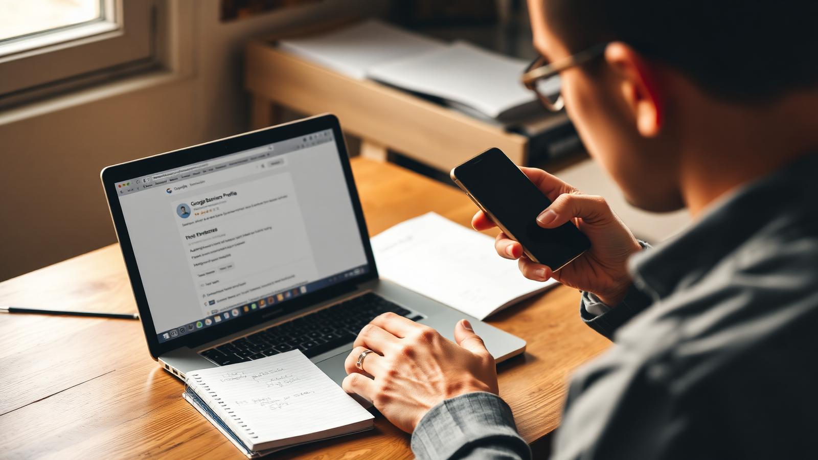 Small business owner at a wooden desk comparing a suspicious 1-star Google review on a laptop against booking records on a phone