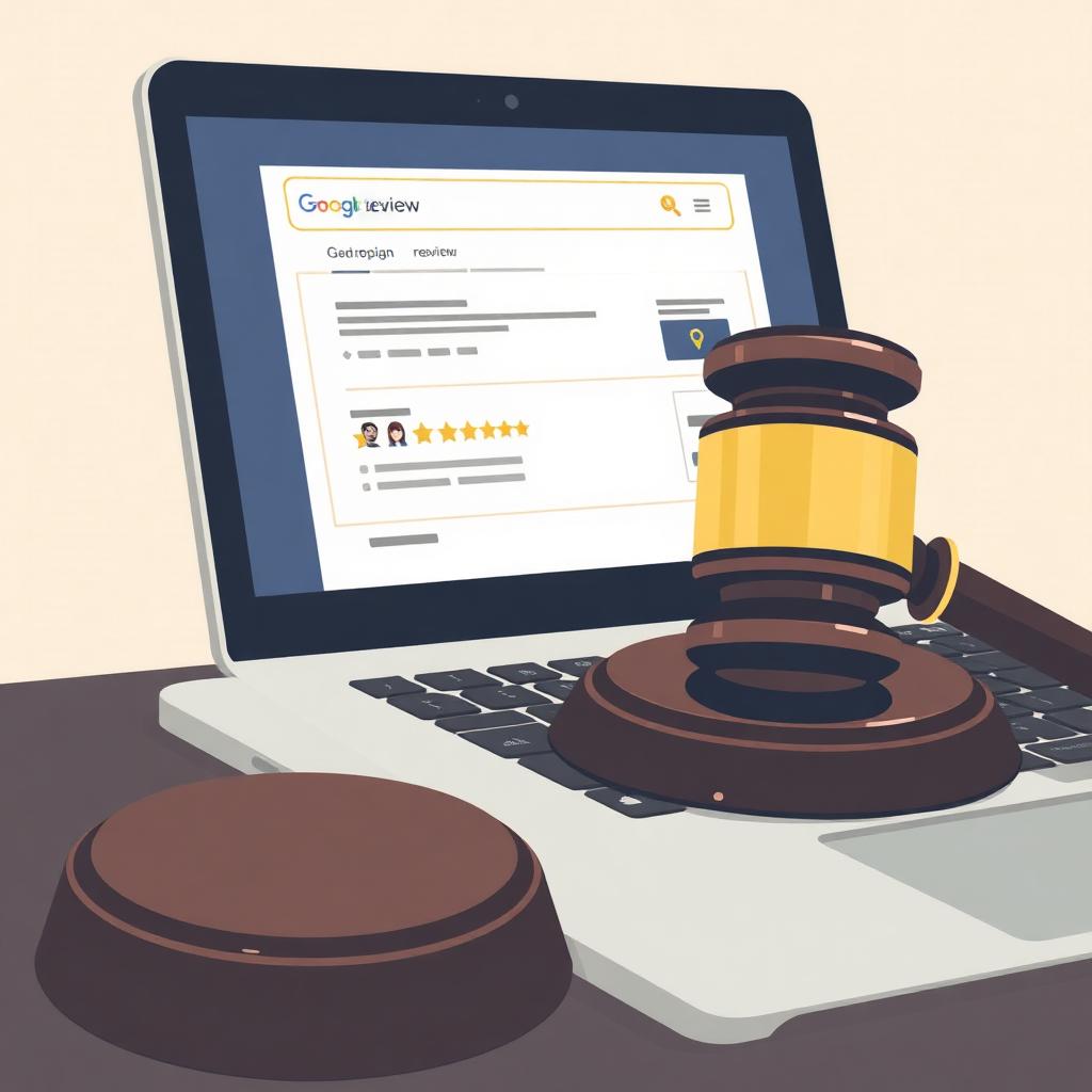 Editorial illustration of a courtroom gavel resting on a laptop showing a Google review