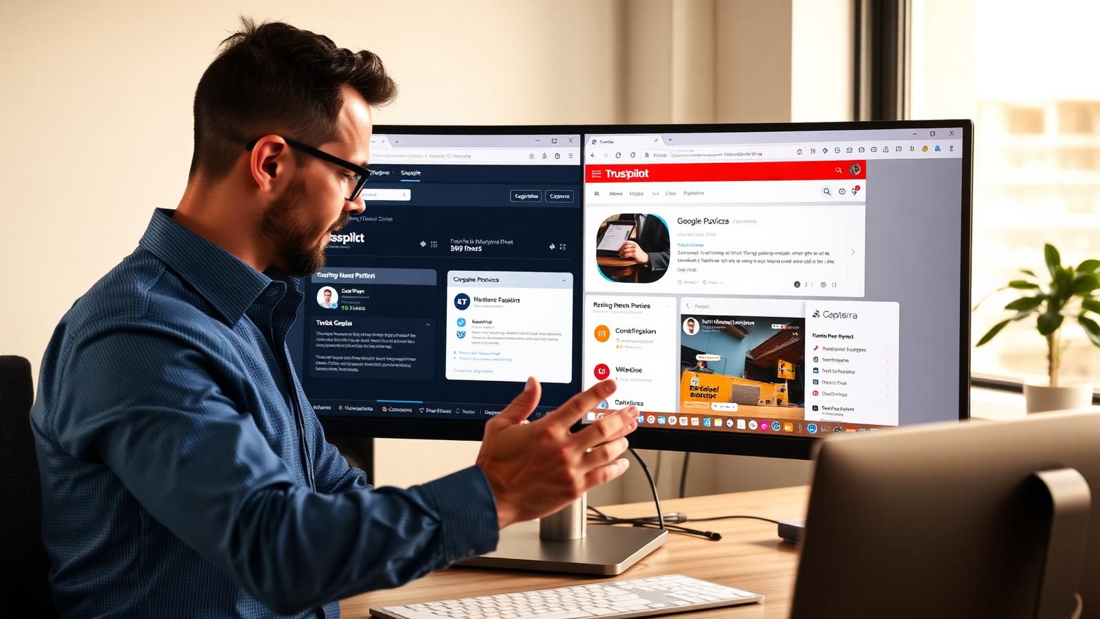 Business owner comparing Trustpilot alternatives — G2, Google Business Profile, Capterra and Reviews.io dashboards side-by-side on a widescreen monitor