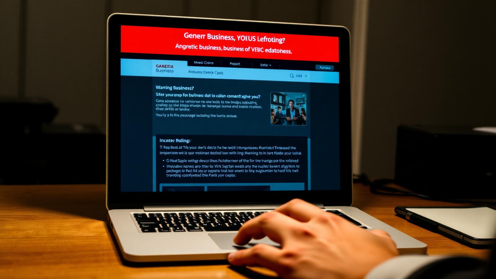 Laptop screen displaying a bold red warning banner across a generic business profile page with a concerned owner nearby
