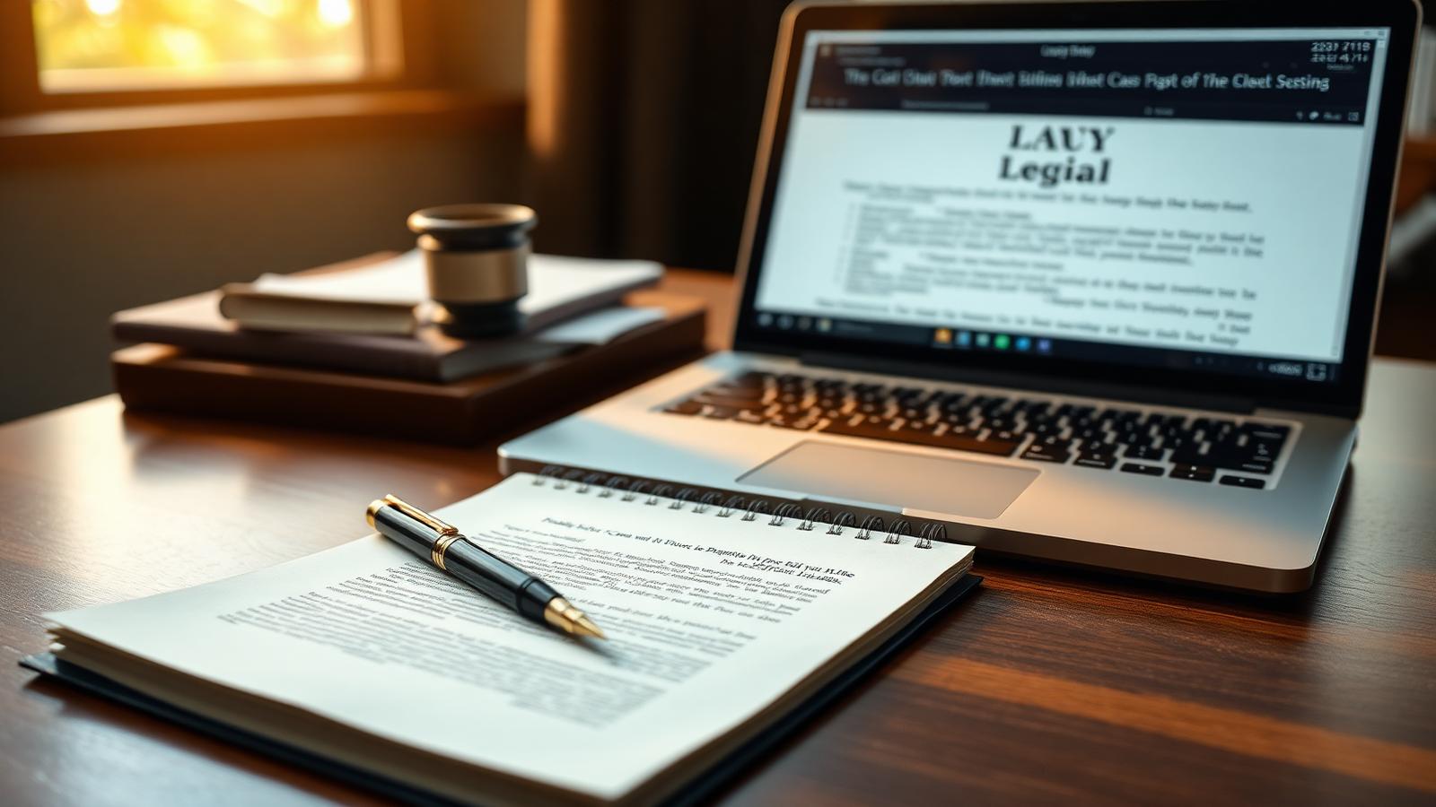 Lawyer's desk with an open legal notepad, fountain pen, and a laptop displaying a legal case document under warm morning light