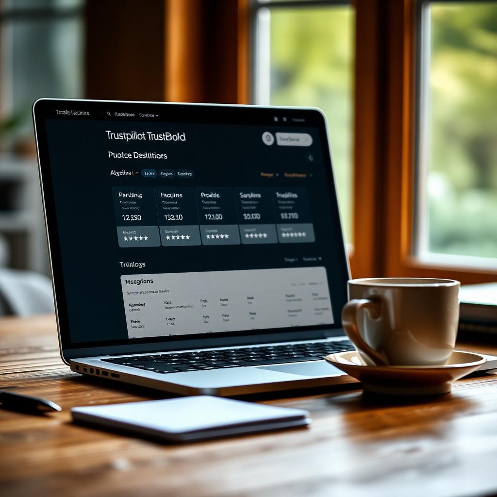 Laptop on a wooden desk showing a Trustpilot business dashboard with pricing tiers and star ratings