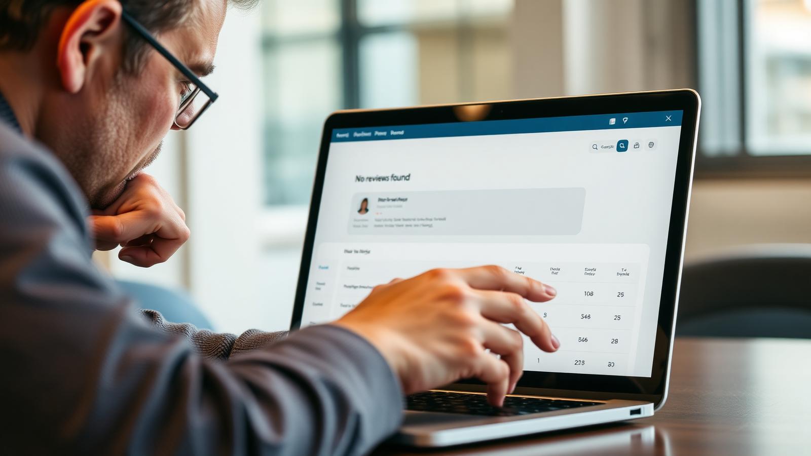Business owner at a laptop looking at an empty generic review dashboard with no reviews listed under warm office light