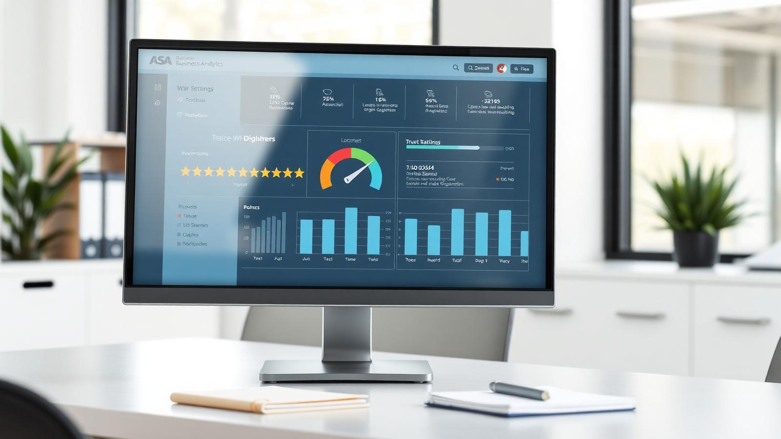 Desktop monitor showing a customer review analytics dashboard with star ratings, a trust score gauge and monthly bar charts