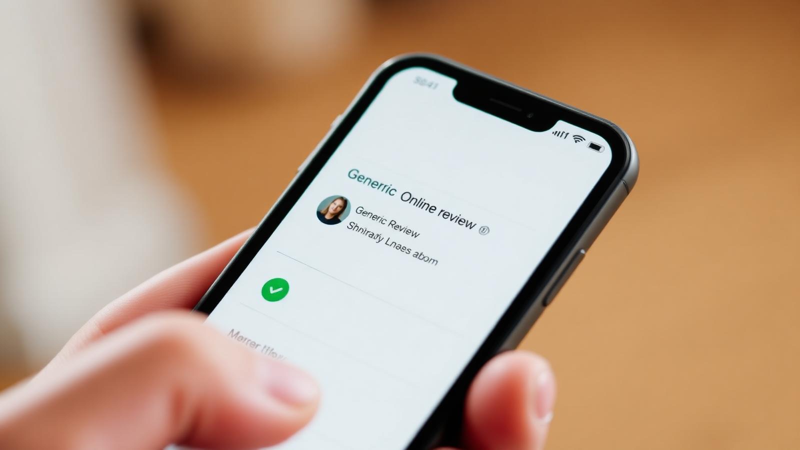 Smartphone screen showing a generic online review card with a green verified badge next to the reviewer name, held under soft morning light