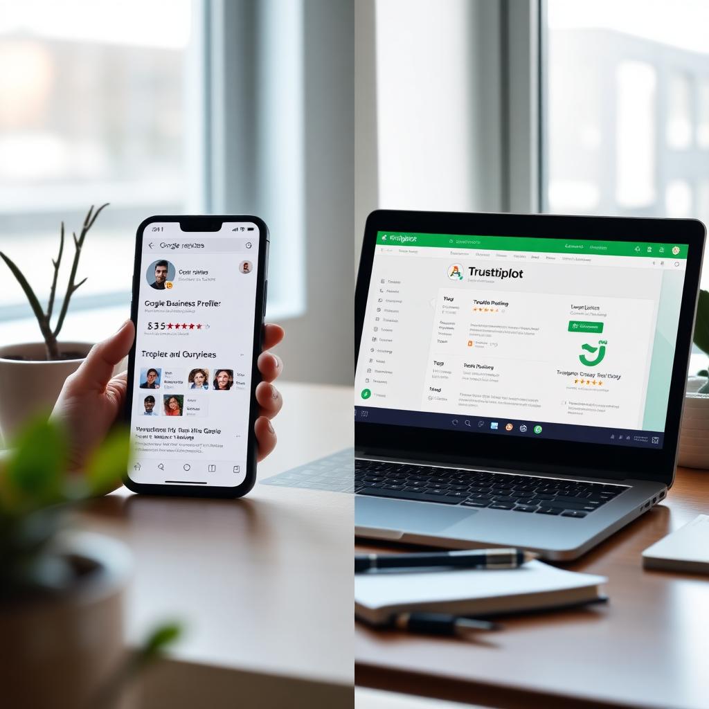 Smartphone showing a Google Business Profile beside a laptop showing a Trustpilot company profile on a modern desk