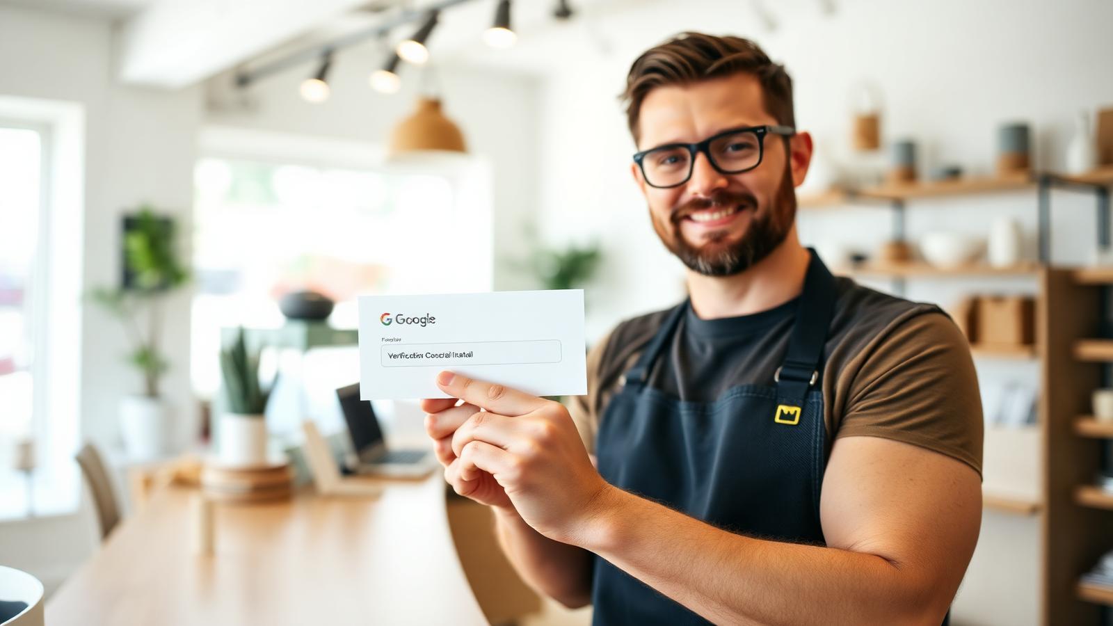 Small business owner holding a Google verification postcard inside their bright modern shop