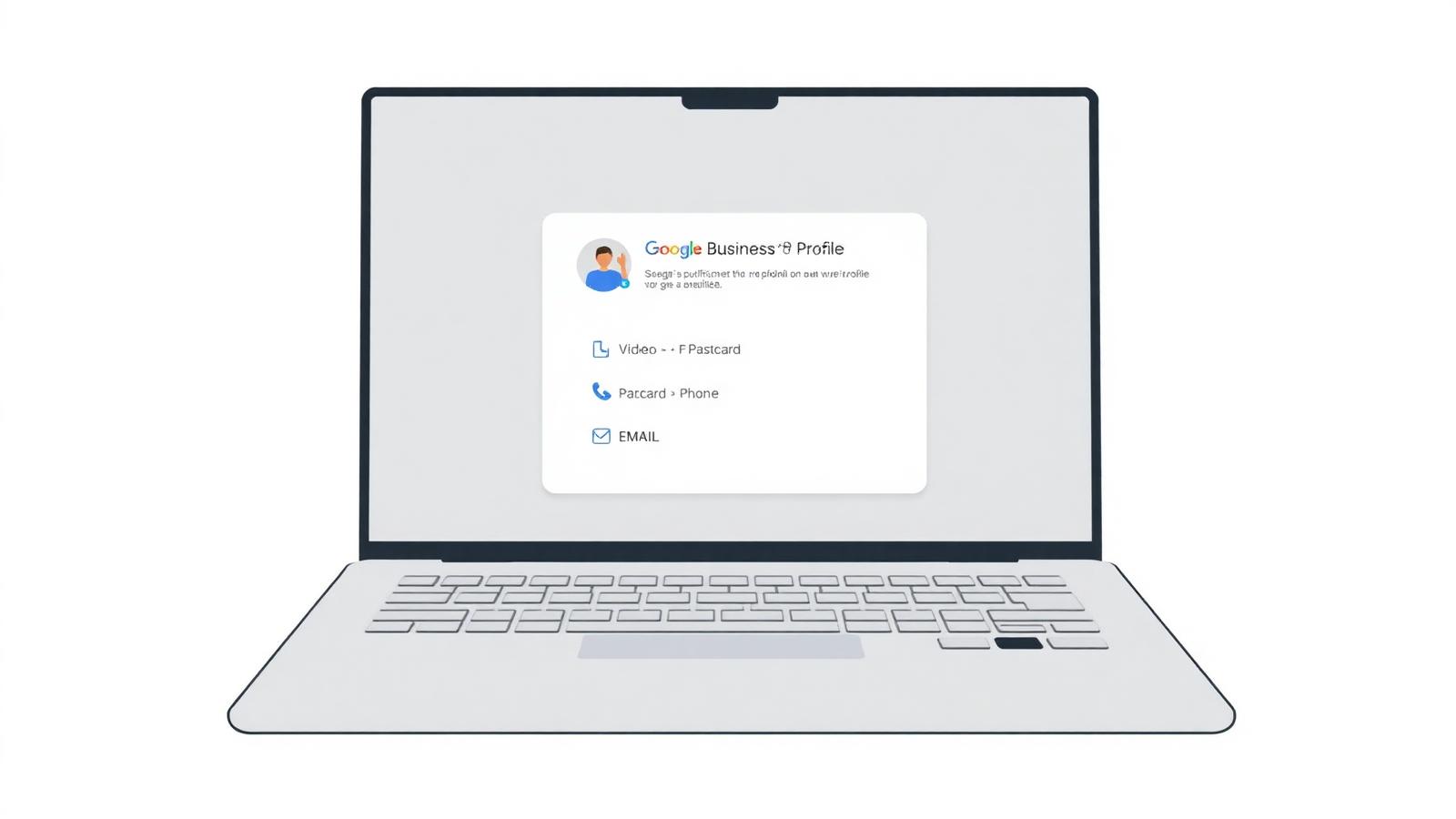 Google Business Profile verification screen showing video, postcard, phone, and email options on a laptop