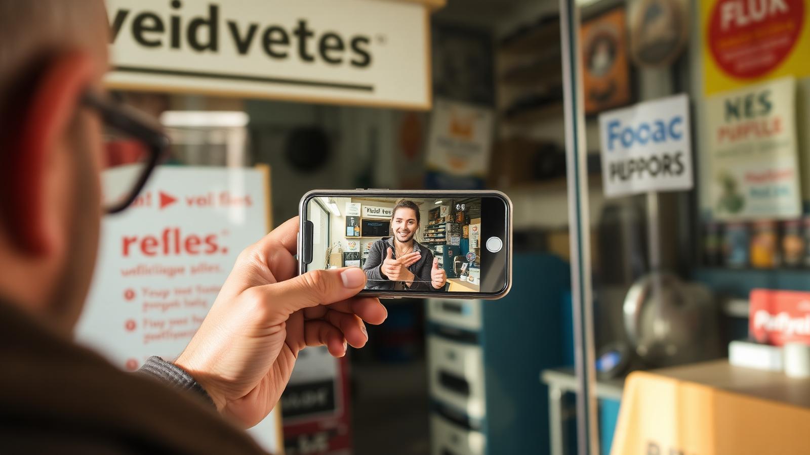 Business owner recording a video verification with a smartphone, panning across signage and equipment inside their shop