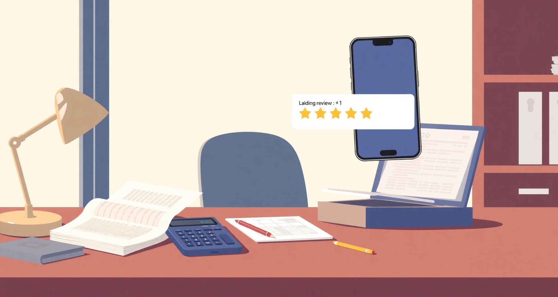 Illustrated accountant's desk with calculator, ledger, tax forms and a phone showing a Google review card