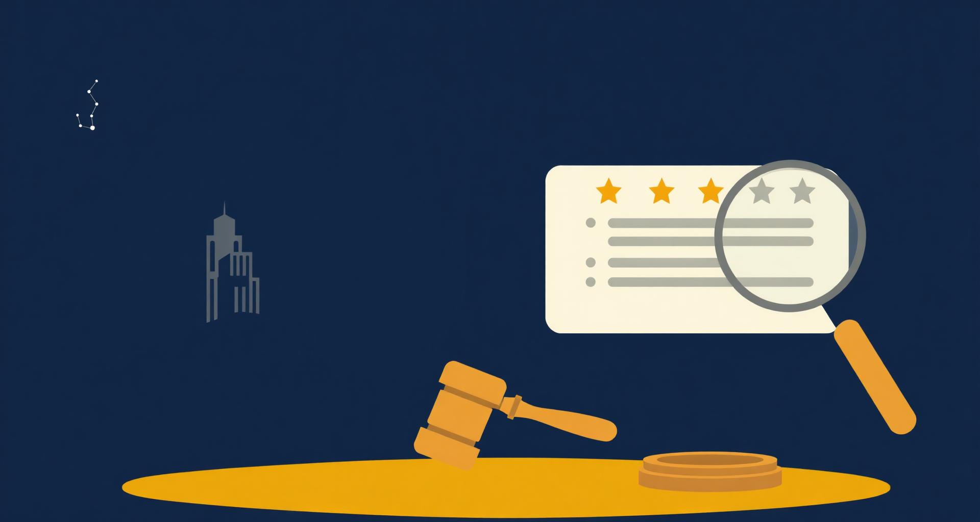 Illustrated Australia scene with a review card, magnifying glass and gavel