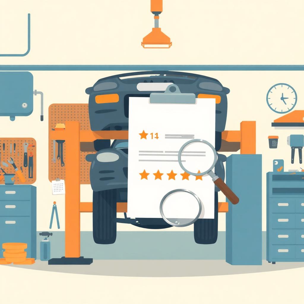 Illustrated auto repair shop with a car on a lift, tools and a Google review card with a 1-star rating