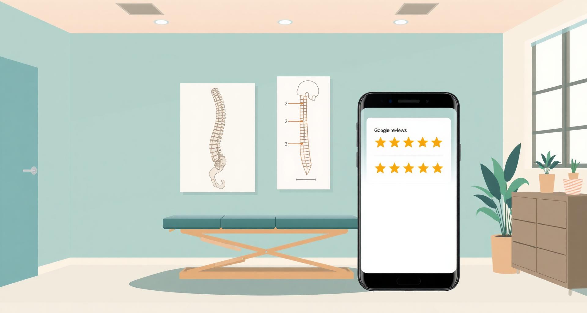 Illustrated chiropractic clinic with adjustment table and spine chart next to a phone showing a Google review card