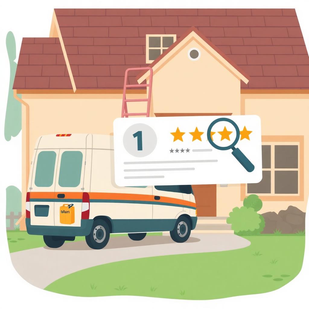Illustrated home exterior with a contractor's van, ladder and a Google review card with a 1-star rating