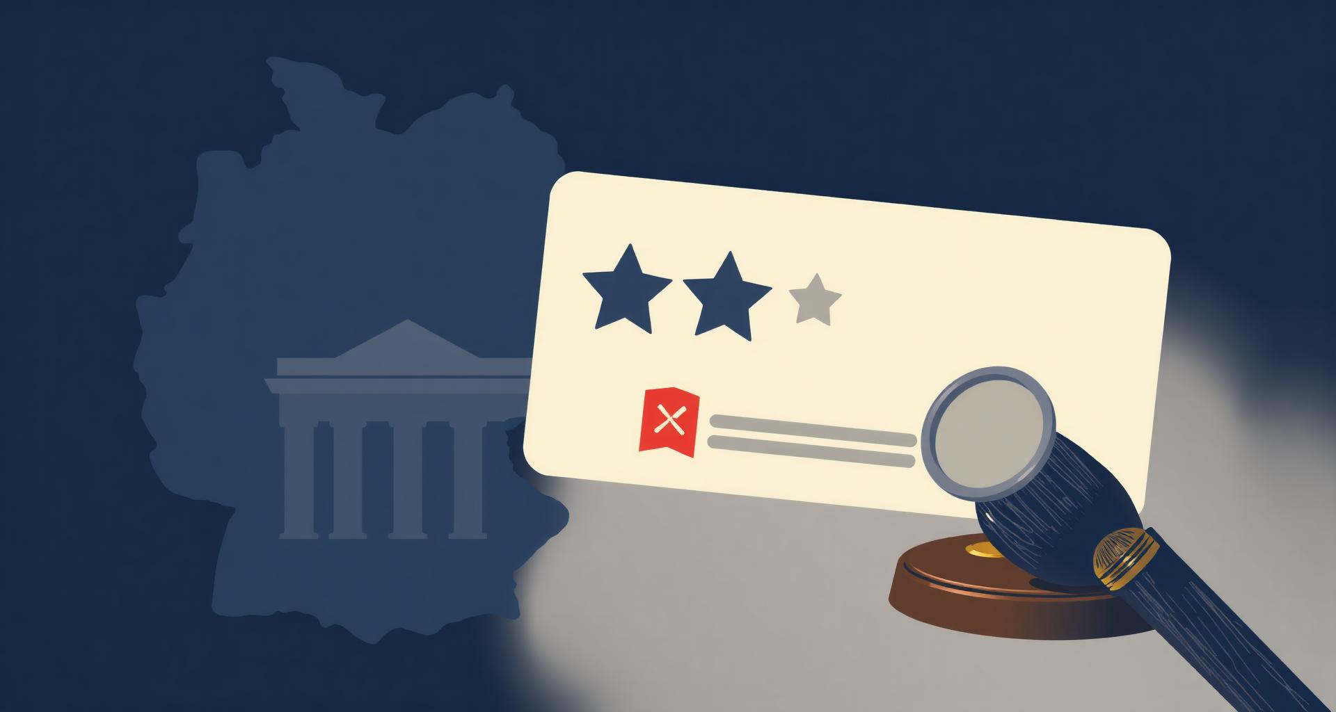 Illustrated Germany map with a Google review card, magnifying glass and gavel