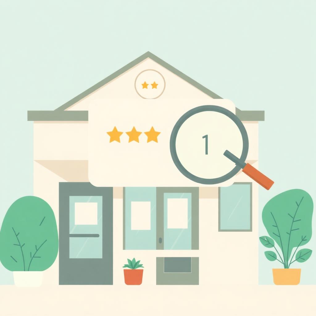 Illustrated dental clinic exterior with a Google review card, magnifying glass and gavel