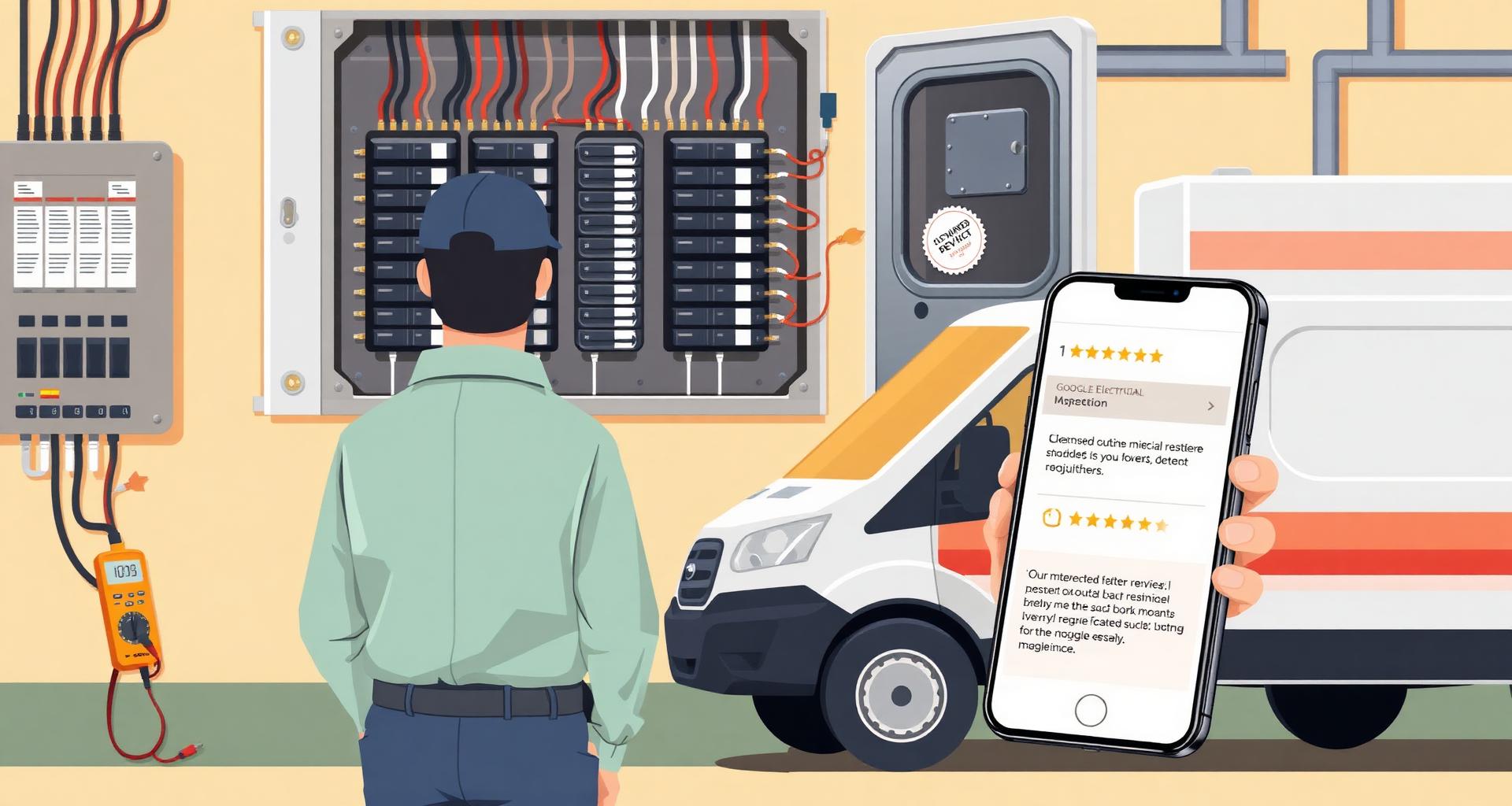 Illustrated electrician at a residential electrical panel with breakers, service van, multimeter and a phone showing a Google 1-star review