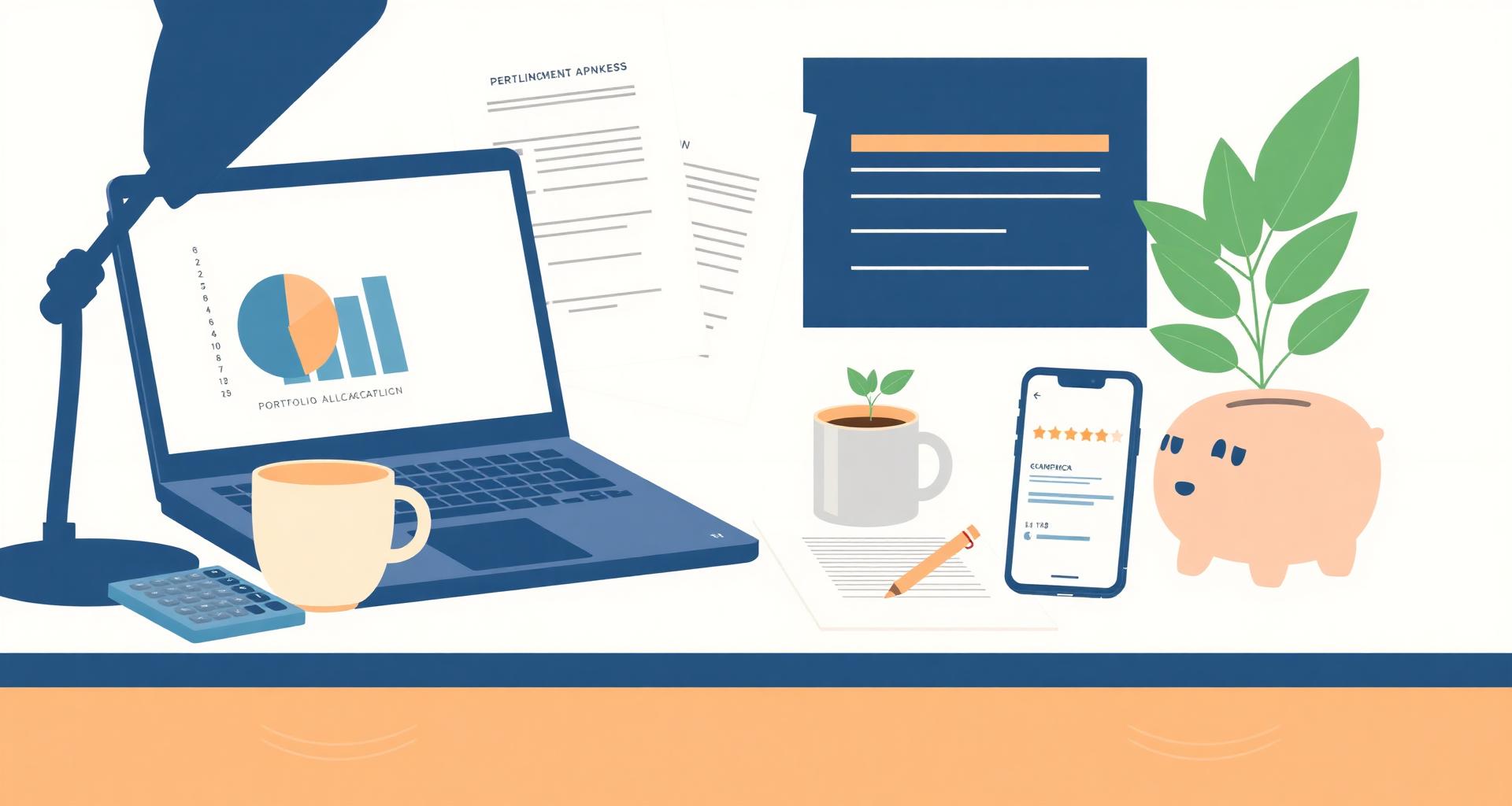 Illustrated financial advisor's desk with laptop showing portfolio allocation chart, retirement documents, piggy bank and a phone showing a Google 1-star review