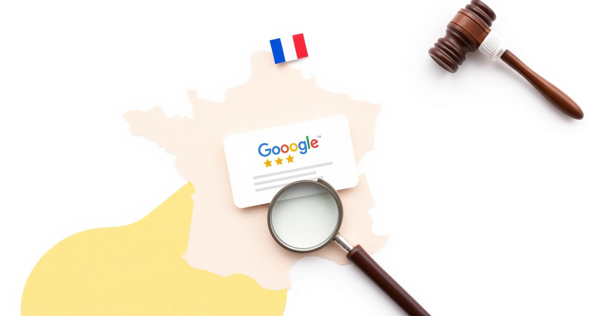 Carte illustrée de la France avec une fiche d'avis Google, une loupe et un maillet de justice