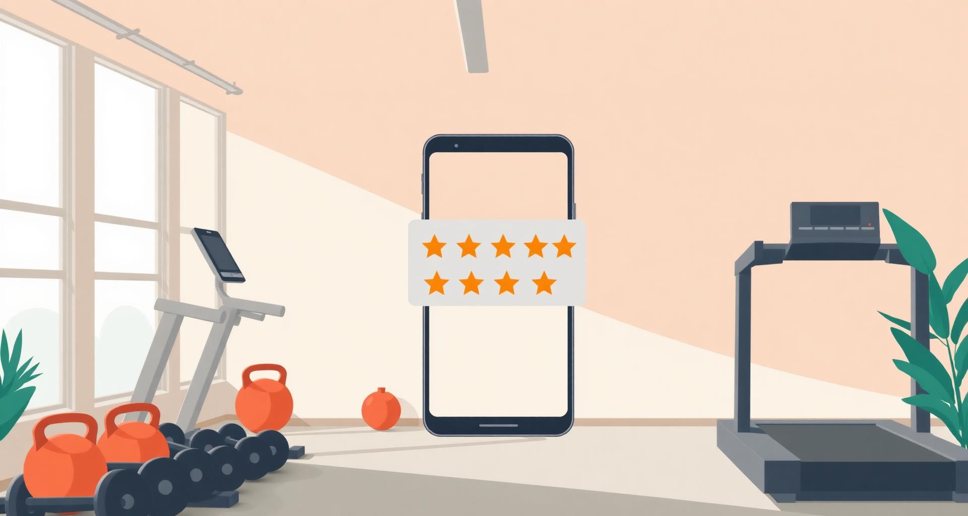 Illustrated gym interior with dumbbells, kettlebells and treadmill next to a phone showing a Google 1-star review card