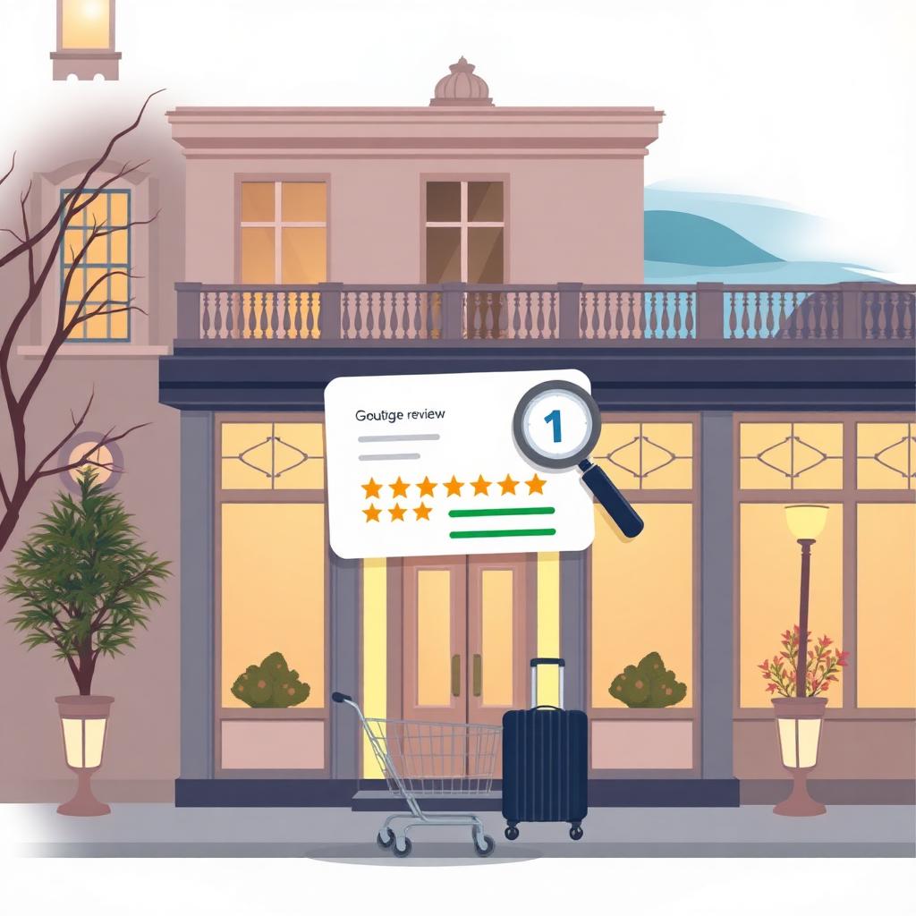 Illustrated hotel façade at dusk with a Google review card and magnifying glass over a 1-star rating